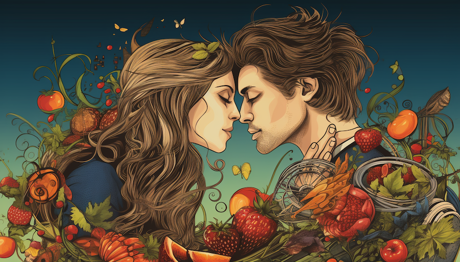 Ilustración de una pareja de amantes rodeados de comida, cuidando la alimentación para una vida sexual sana